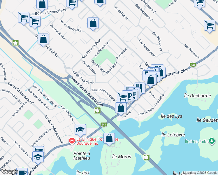 map of restaurants, bars, coffee shops, grocery stores, and more near 242 6e Avenue in Boisbriand
