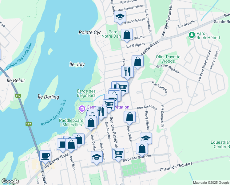 map of restaurants, bars, coffee shops, grocery stores, and more near Rue des Patriotes in Laval