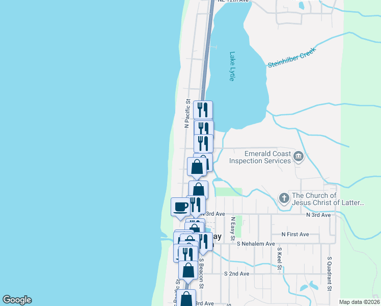 map of restaurants, bars, coffee shops, grocery stores, and more near 553 North Miller Street in Rockaway Beach