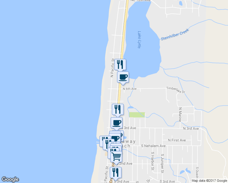 map of restaurants, bars, coffee shops, grocery stores, and more near 553 North Miller Street in Rockaway Beach