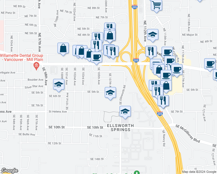 map of restaurants, bars, coffee shops, grocery stores, and more near 404 SE 107th Ave in Vancouver