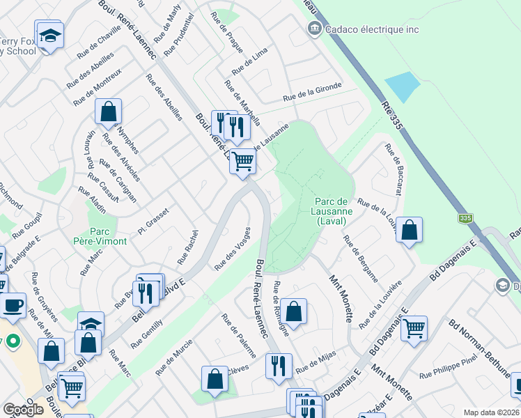 map of restaurants, bars, coffee shops, grocery stores, and more near 2552 Boulevard René-Laennec in Laval
