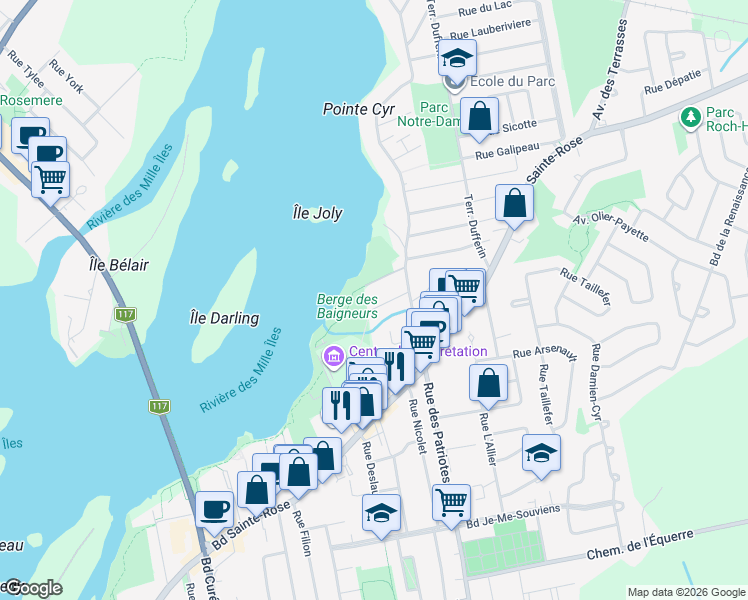 map of restaurants, bars, coffee shops, grocery stores, and more near 19 Rue Blondin in Laval
