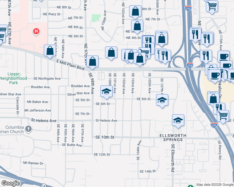 map of restaurants, bars, coffee shops, grocery stores, and more near 401 Southeast 101st Avenue in Vancouver
