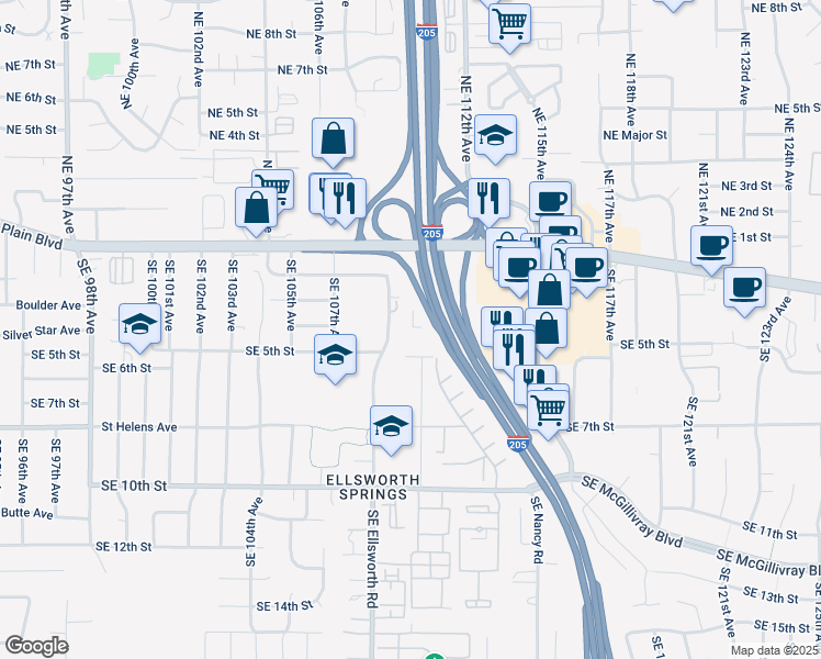 map of restaurants, bars, coffee shops, grocery stores, and more near 411 Southeast Ellsworth Road in Vancouver