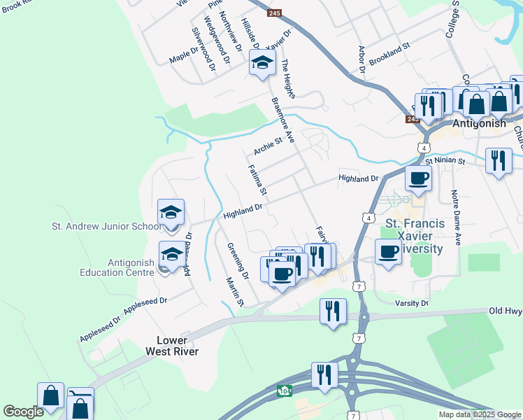 map of restaurants, bars, coffee shops, grocery stores, and more near 81 Highland Drive in Antigonish