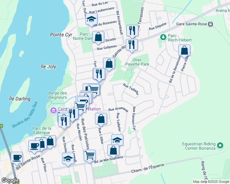 map of restaurants, bars, coffee shops, grocery stores, and more near 1434 Rue Taillefer in Laval