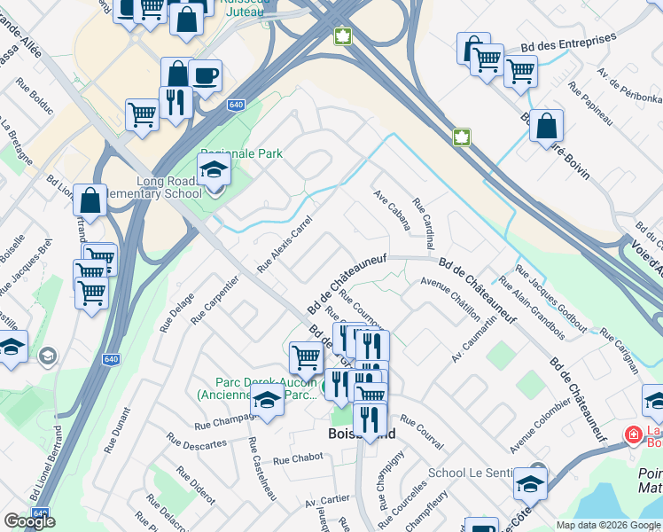map of restaurants, bars, coffee shops, grocery stores, and more near 1039 Rue Chablis in Boisbriand