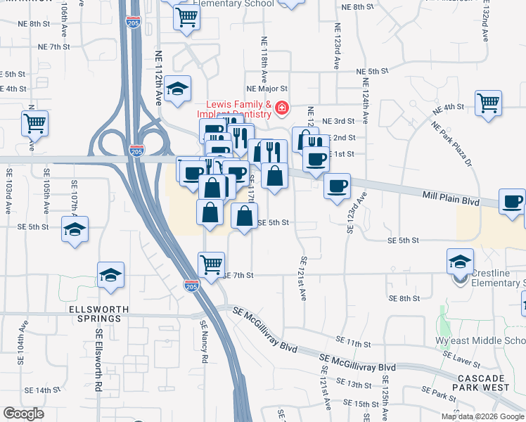 map of restaurants, bars, coffee shops, grocery stores, and more near 216 Southeast 118th Avenue in Vancouver