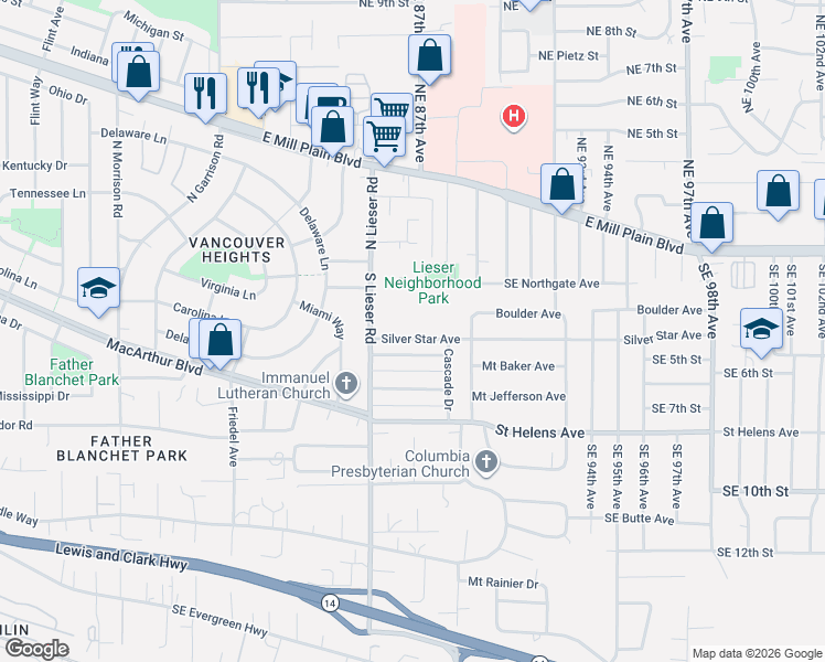map of restaurants, bars, coffee shops, grocery stores, and more near 301 South Lieser Road in Vancouver