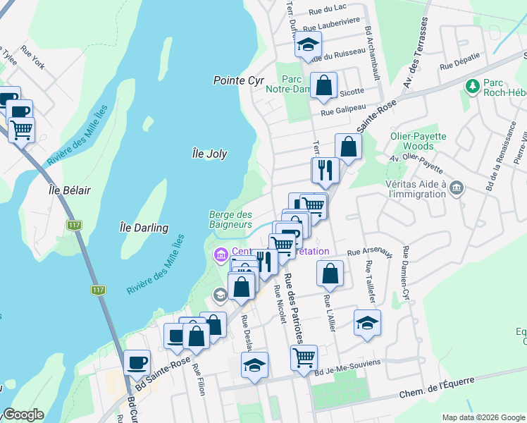 map of restaurants, bars, coffee shops, grocery stores, and more near 9 Rue Blondin in Laval