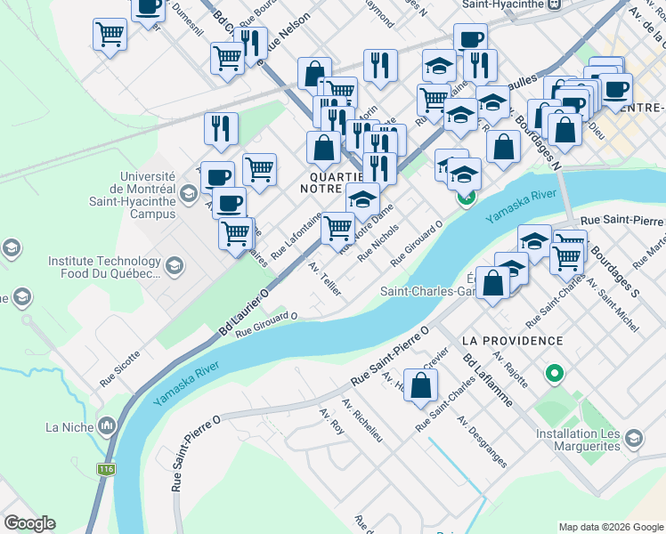 map of restaurants, bars, coffee shops, grocery stores, and more near 3085 Rue Notre-Dame in Saint-Hyacinthe