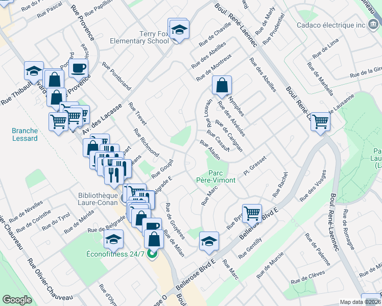 map of restaurants, bars, coffee shops, grocery stores, and more near 2365 Boulevard Prudentiel in Laval