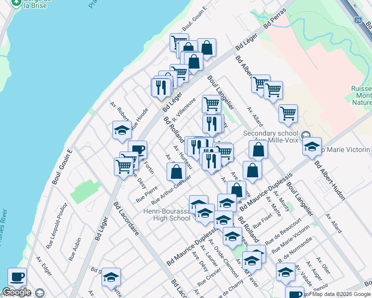 map of restaurants, bars, coffee shops, grocery stores, and more near 12350 Boulevard Rolland in Montreal