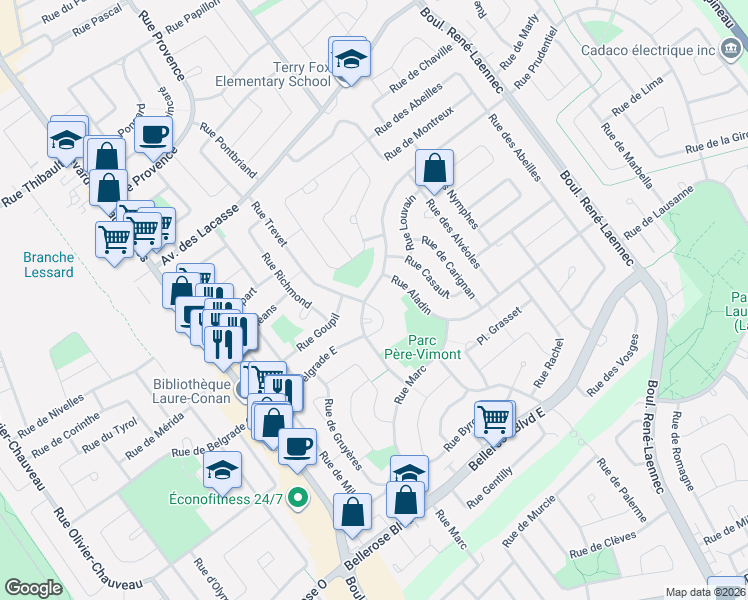 map of restaurants, bars, coffee shops, grocery stores, and more near 2365 Boulevard Prudentiel in Laval
