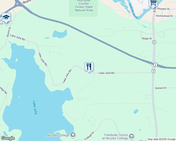 map of restaurants, bars, coffee shops, grocery stores, and more near 5346 Lake Julia Road in Rhinelander