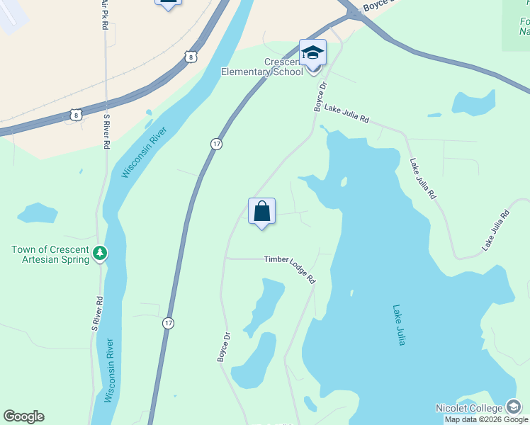 map of restaurants, bars, coffee shops, grocery stores, and more near 5630 Lake End Road in Rhinelander