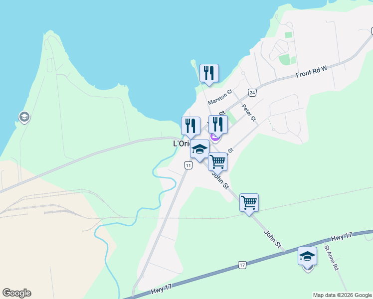 map of restaurants, bars, coffee shops, grocery stores, and more near 8 John Street in L'Orignal