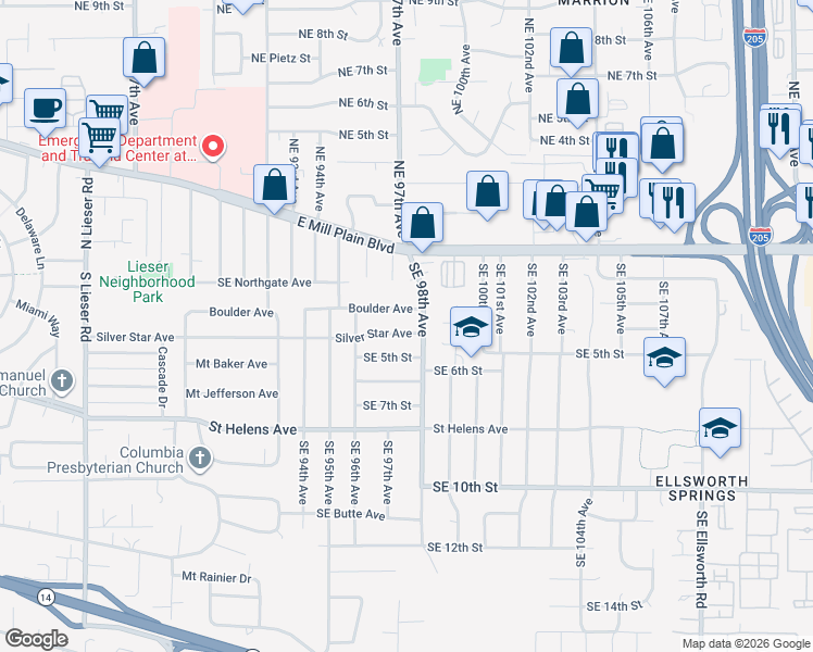 map of restaurants, bars, coffee shops, grocery stores, and more near 9704 Silver Star Avenue in Vancouver