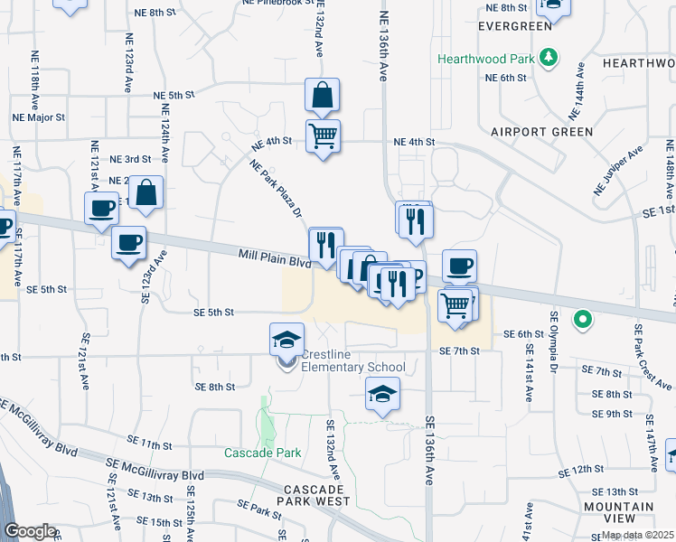 map of restaurants, bars, coffee shops, grocery stores, and more near 13130 SE Mill Plain Blvd in Vancouver