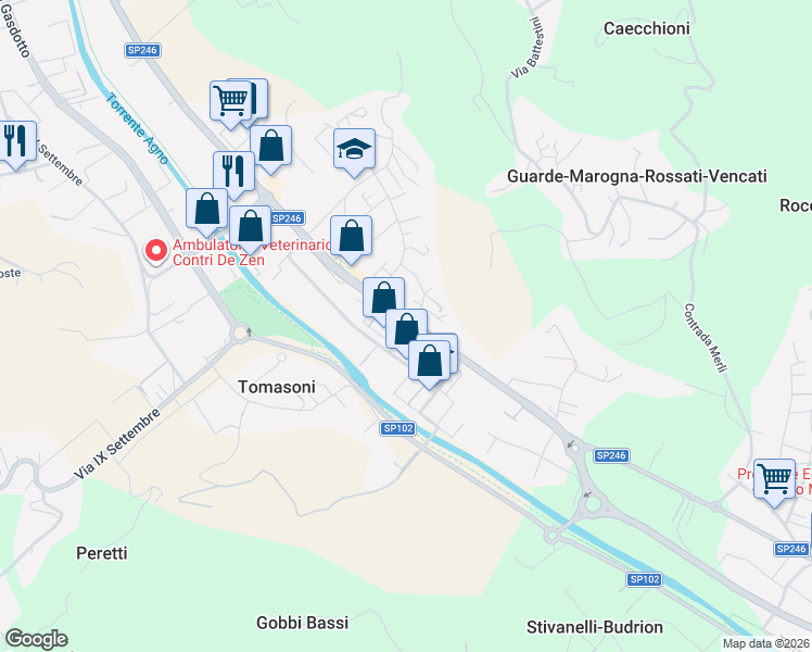map of restaurants, bars, coffee shops, grocery stores, and more near 25 Via Monte Cimone in Cornedo Vicentino