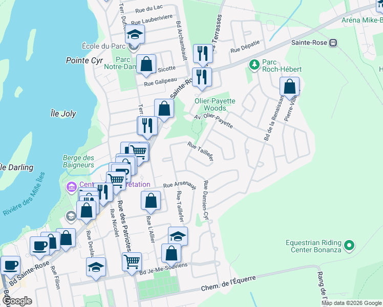 map of restaurants, bars, coffee shops, grocery stores, and more near 1266 Rue Armand Auclair in Laval