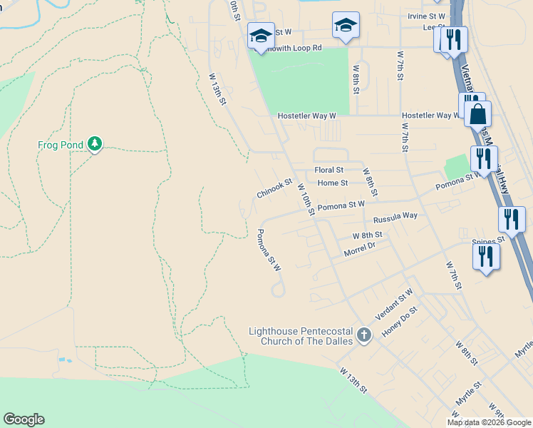 map of restaurants, bars, coffee shops, grocery stores, and more near 3125 West 12th Street in The Dalles