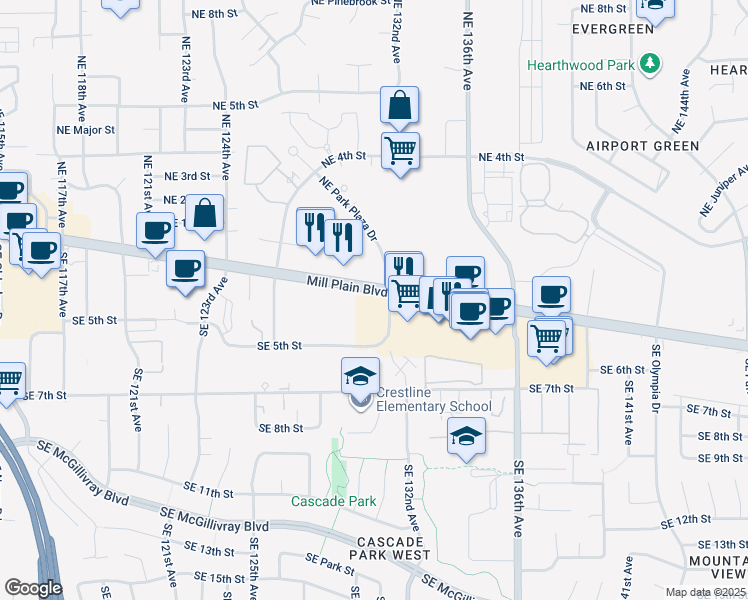 map of restaurants, bars, coffee shops, grocery stores, and more near 406 Southeast 131st Avenue in Vancouver