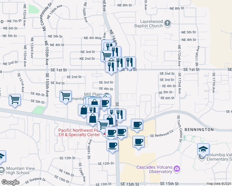 map of restaurants, bars, coffee shops, grocery stores, and more near Southeast 164th Avenue in Vancouver