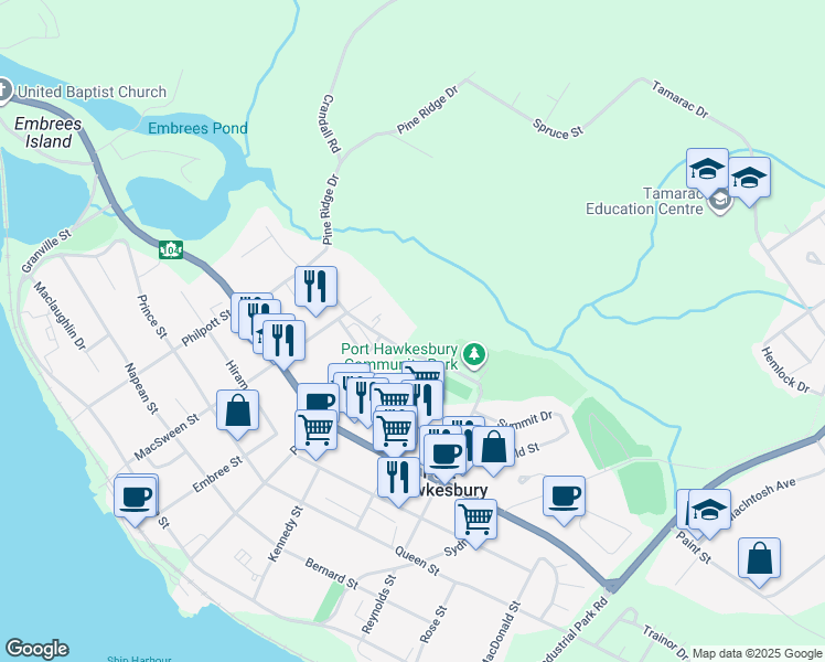 map of restaurants, bars, coffee shops, grocery stores, and more near 6 Macquarrie Drive Extension in Port Hawkesbury