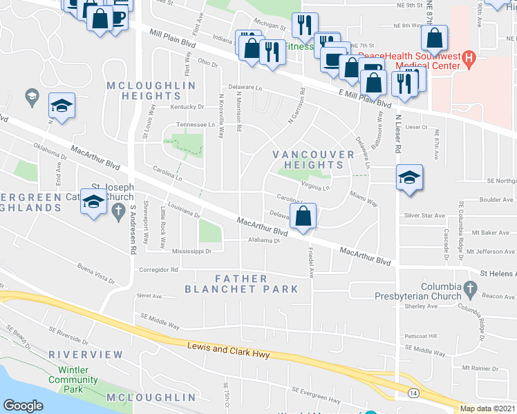 map of restaurants, bars, coffee shops, grocery stores, and more near 222 South Fredericksburg Way in Vancouver