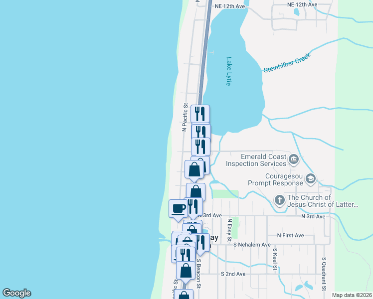 map of restaurants, bars, coffee shops, grocery stores, and more near 602 North Pacific Street in Rockaway Beach