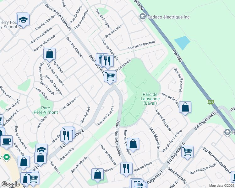 map of restaurants, bars, coffee shops, grocery stores, and more near 2578 Boulevard René Laennec in Laval