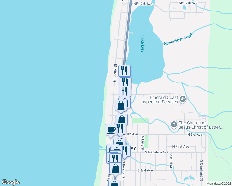 map of restaurants, bars, coffee shops, grocery stores, and more near 602 North Pacific Street in Rockaway Beach