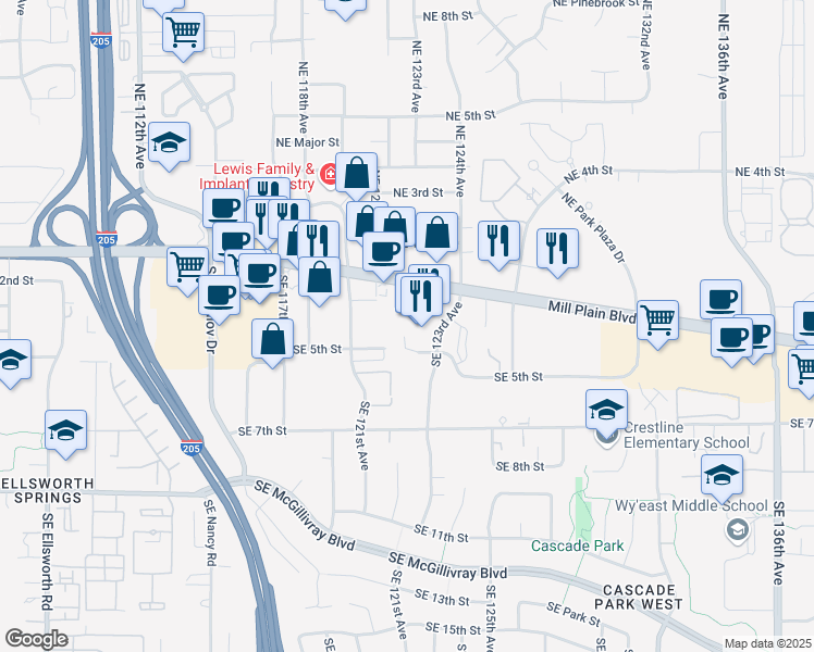 map of restaurants, bars, coffee shops, grocery stores, and more near 316 Southeast 123rd Avenue in Vancouver