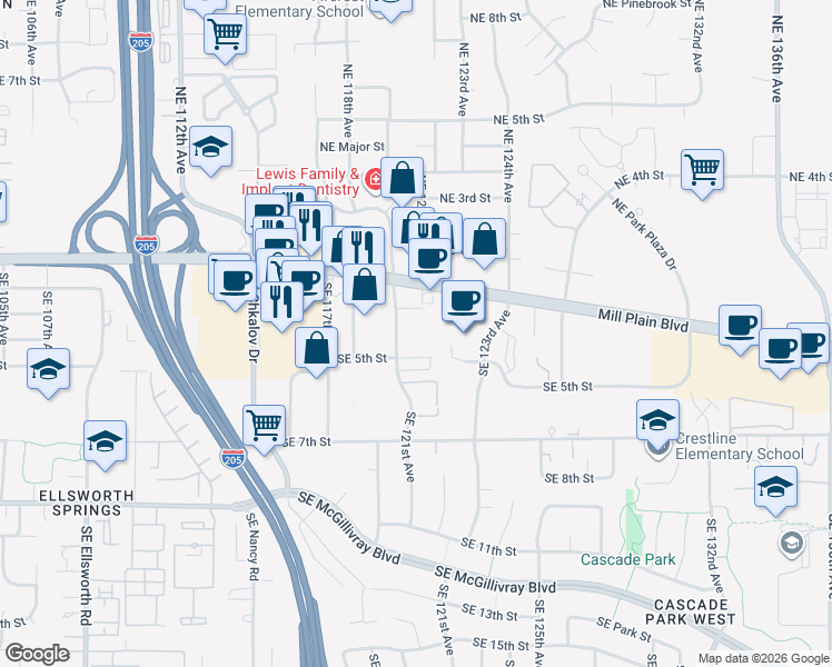 map of restaurants, bars, coffee shops, grocery stores, and more near 12025 Southeast Mill Plain Boulevard in Vancouver
