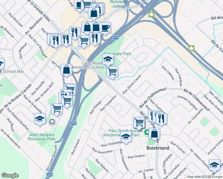 map of restaurants, bars, coffee shops, grocery stores, and more near 1635 Boulevard de la Grande-Allée in Boisbriand