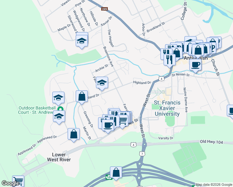 map of restaurants, bars, coffee shops, grocery stores, and more near 45 Fairview Street in Antigonish