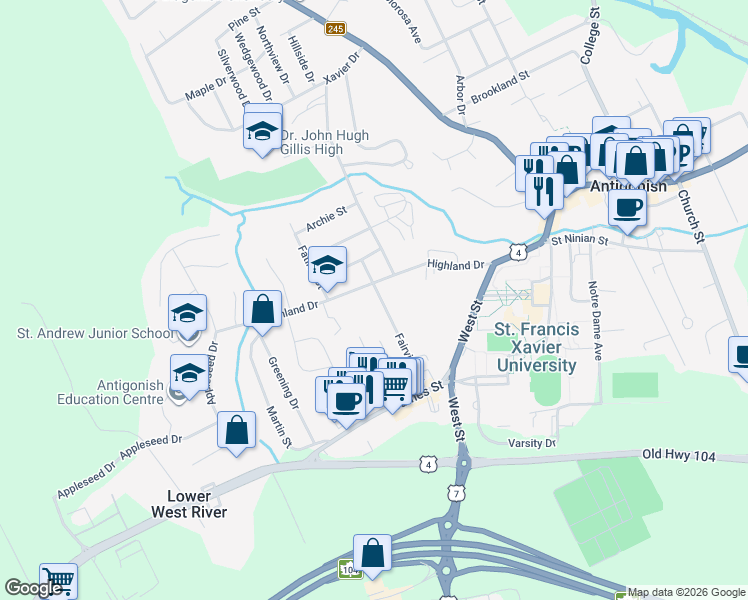map of restaurants, bars, coffee shops, grocery stores, and more near 45 Fairview Street in Antigonish