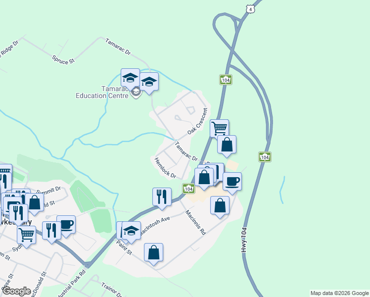 map of restaurants, bars, coffee shops, grocery stores, and more near 4 Oak Crescent in Port Hawkesbury