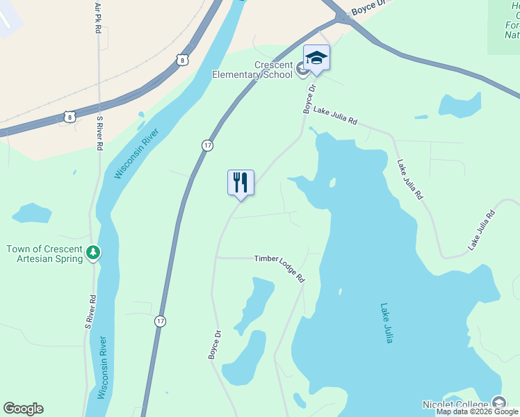 map of restaurants, bars, coffee shops, grocery stores, and more near 5630 Lake End Road in Rhinelander