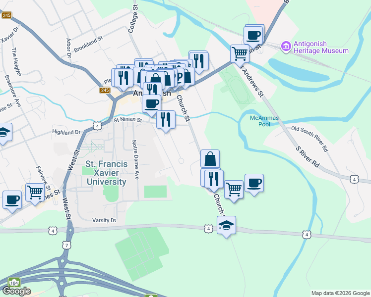 map of restaurants, bars, coffee shops, grocery stores, and more near 88 Church Street in Antigonish