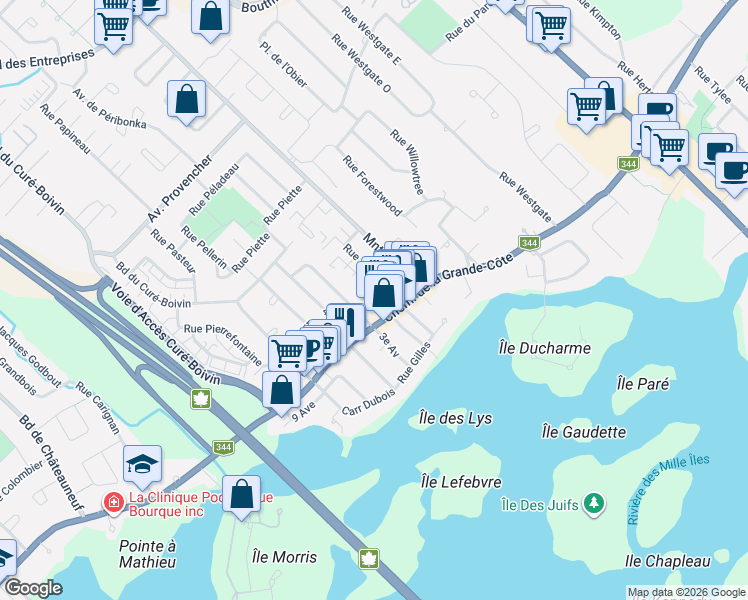 map of restaurants, bars, coffee shops, grocery stores, and more near 223 Rue Pelletier in Boisbriand