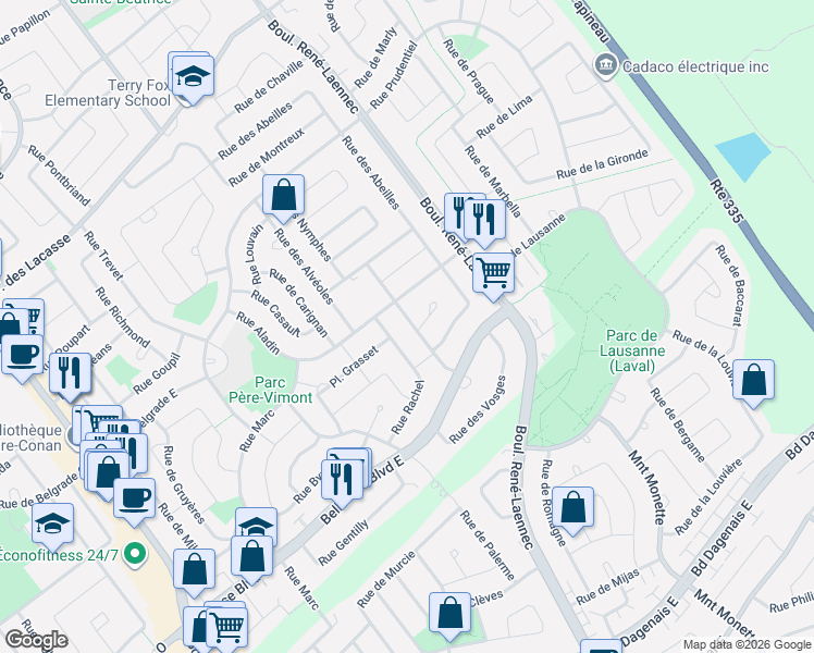 map of restaurants, bars, coffee shops, grocery stores, and more near 2232 Rue du Rucher in Laval