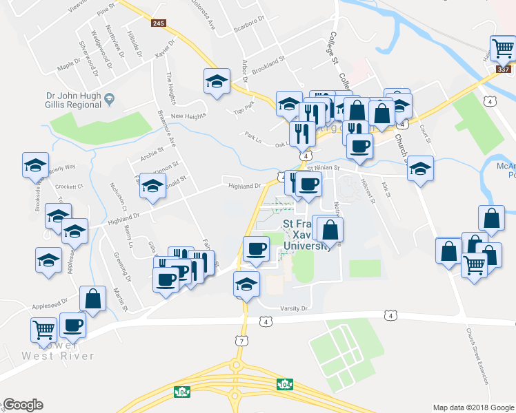 map of restaurants, bars, coffee shops, grocery stores, and more near 14 Nova Scotia Trunk 4 in Antigonish