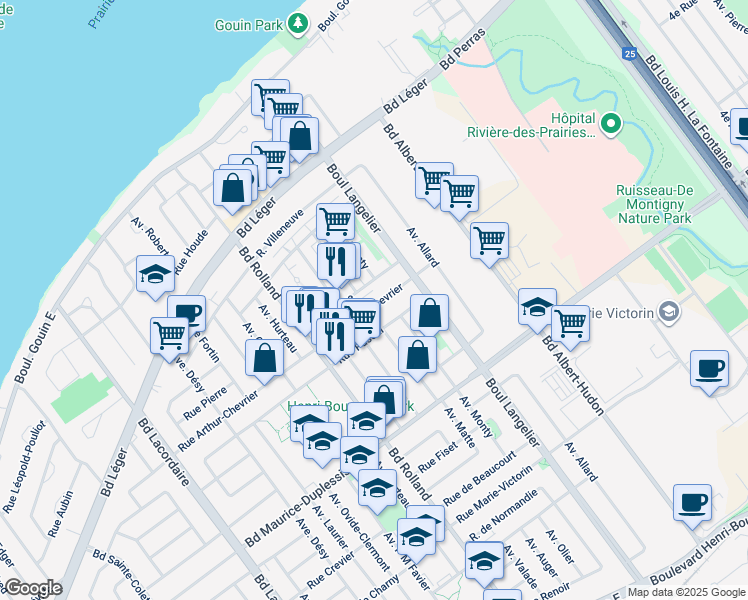 map of restaurants, bars, coffee shops, grocery stores, and more near 6401 Rue Arthur Chevrier in Montréal