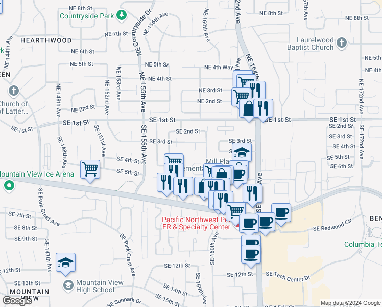map of restaurants, bars, coffee shops, grocery stores, and more near 312a Southeast 158th Court in Vancouver