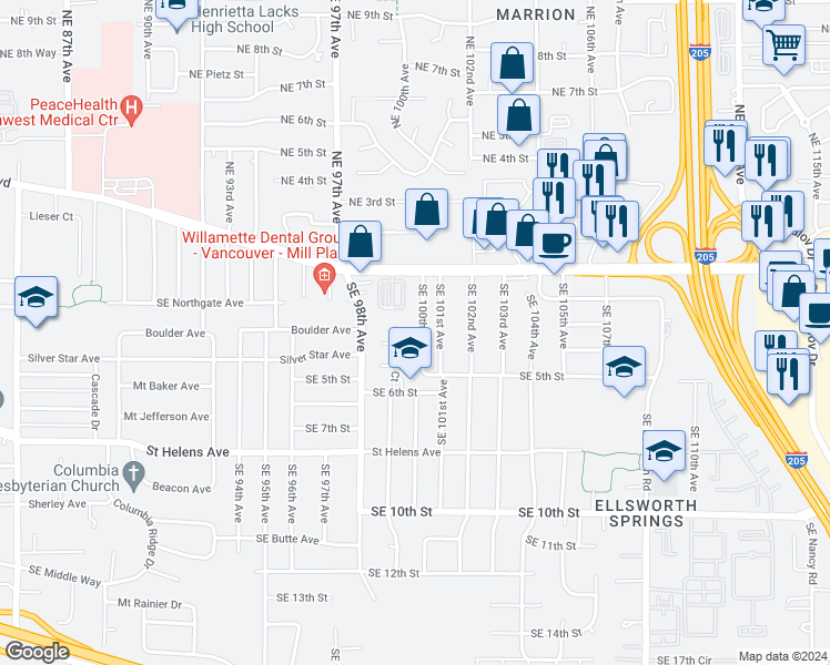 map of restaurants, bars, coffee shops, grocery stores, and more near 300 Southeast 101st Avenue in Vancouver