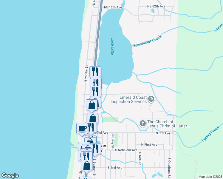 map of restaurants, bars, coffee shops, grocery stores, and more near 401 Northwest 6th Avenue in Rockaway Beach