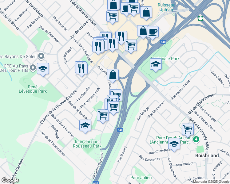 map of restaurants, bars, coffee shops, grocery stores, and more near 1660 Boulevard Lionel Bertrand in Boisbriand